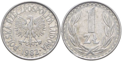 ПОЛЬША 1 ЗЛОТЫЙ 1982 MW KM 49.1, Parchimowicz 213u алюминий 4514-524