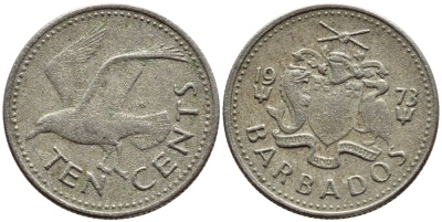 Барбадос 10 центов 1979 смеющаяся (Ацтекская) чайка KM 12 медно-никель 4396-1215