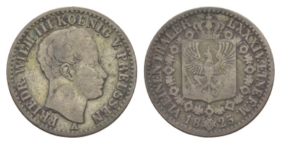 Пруссия 1/6 талера 1825 A, Фридрих Вильгельм III (1797-1840) KM 411 серебро 4604-734