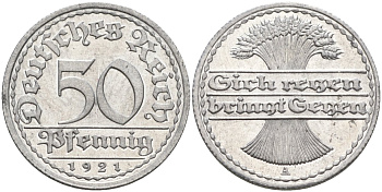 Германия 50 пфеннигов 1921 A KM 27, J.301, Weege 10 алюминий UNC 4584-837