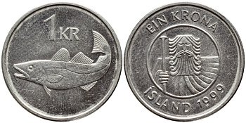 Исландия 1 крона 1999 треска KM 27а сталь плакированная никелем 3334-442