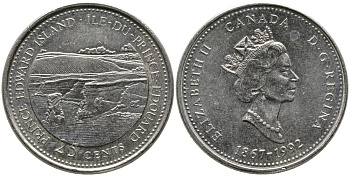 КАНАДА 25 ЦЕНТОВ 1992 125 ЛЕТ КОНФЕДЕРАЦИИ, ЕЛИЗАВЕТА II (1952-), ОСТРОВ ПРИНЦА ЭДУАРДА, ТРЕТИЙ ПОРТРЕТ В КОРОНЕ KM 222 никель 4543-757