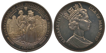 Остров Мэн 1 крона 1989 200 лет мятежу на паруснике Баунти, Уильям Блай и Елизавета Бетам, церковь KM 240 медно-никель UNC 1078-2-52