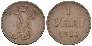 РОССИЯ ДЛЯ ФИНЛЯНДИИ 1 ПЕННИ 1916 НИКОЛАЙ II (1895-1917) KM 13, Биткин 476 медь 211-1018