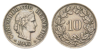 Швейцария 10 раппенов 1942 B KM 27 медно-никель 4609-439