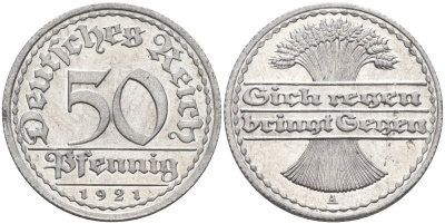 Германия 50 пфеннигов 1921 A KM 27, J.301, Weege 10 алюминий UNC 4584-837