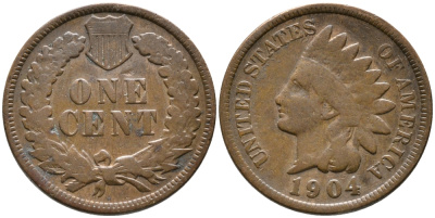 США 1 ЦЕНТ 1904 ИНДЕЕЦ KM 90а бронза 100-467