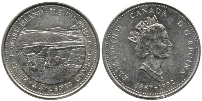 КАНАДА 25 ЦЕНТОВ 1992 125 ЛЕТ КОНФЕДЕРАЦИИ, ЕЛИЗАВЕТА II (1952-), ОСТРОВ ПРИНЦА ЭДУАРДА, ТРЕТИЙ ПОРТРЕТ В КОРОНЕ KM 222 никель 4543-757