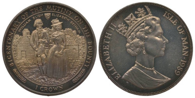 Остров Мэн 1 крона 1989 200 лет мятежу на паруснике Баунти, Уильям Блай и Елизавета Бетам, церковь KM 240 медно-никель UNC 00-00