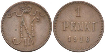 РОССИЯ ДЛЯ ФИНЛЯНДИИ 1 ПЕННИ 1916 НИКОЛАЙ II (1895-1917) KM 13, Биткин 476 медь 211-1018