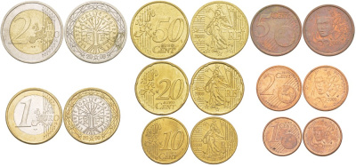 Франция евронабор из 8 монет 2010 1, 2, 5, 10, 20, 50 евроцентов, 1 и 2 евро KM 210, 211, 212, 247, 248, 249, 250, 251 UNC N6-31