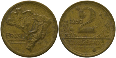 Бразилия 2 крузейро 1950 KM 559 алюминиевая бронза 4577-525