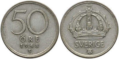 Швеция 50 эре 1948 TS, Густав V (1907-1950) KM 817 серебро 202-614
