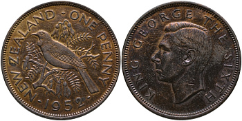 Новая Зеландия 1 пенни 1952 Георг VI (1936-1952), новозеландский туи KM 21 бронза 75-346