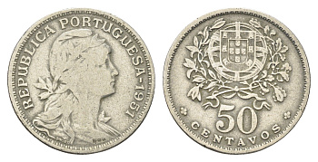 Португалия 50 сентаво 1951 голова Свободы вправо KM 577 никель латунь 4659-635