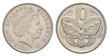 Новая Зеландия 10 центов 2001 редкий год KM 117 медно-никель 4182-412