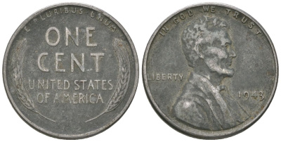 США 1 цент 1943 Авраам Линкольн KM 132 a сталь покрытая цинком 214-853