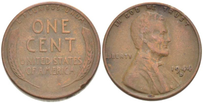 США 1 ЦЕНТ 1944 D, ЛИНКОЛЬН KM А132 медь цинк 3309-466