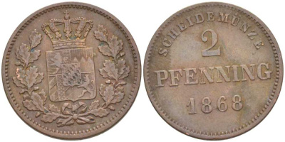 Бавария 2 пфеннига 1868 Людвиг II (1864-1886) KM 478 медь 202-252