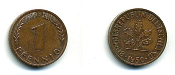 ФРГ 1 ПФЕННИГ 1950 J KM 105, J 380 сталь плакированная медью 46-111
