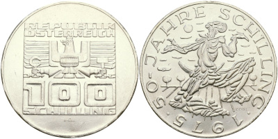Австрия 100 шиллингов 1975 50 лет австрийскому шиллингу KM 2925 серебро UNC 02-118-21