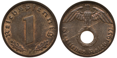 ГЕРМАНИЯ 1 РЕЙХСПФЕННИГ 1937 F KM 89, J. 361 бронза UNC 413-3513