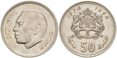 Марокко 50 сантимов 1974 АН 1394, Аль Хассан II (1962-1999) KM 62 медно-никель 4364-3435