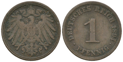 Германия 1 пфенниг 1894 D KM 10, J. 10 медь 4623-433