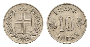 Исландия 10 эйре 1946 KM 10 медно-никель aUNC 4690-651