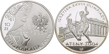 Польша 10 злотых 2004 MW, XXVIII Олимпийские игры в Афинах, фехтование на рапирах, Парфенон KM 517 серебро PROOF 1085-2-53