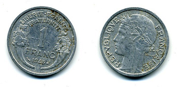 ФРАНЦИЯ 1 ФРАНК 1948 ТИП MORLON, LEGERE KM 885a.1, LE FRANC 221.13 алюминий 37-316