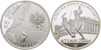 Польша 10 злотых 2004 MW, XXVIII Олимпийские игры в Афинах, фехтование на рапирах, Парфенон KM 517 серебро PROOF 1085-2-53