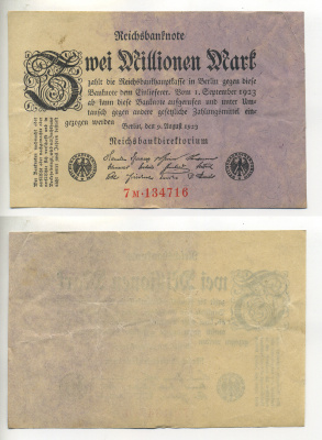 Германия 2000000 марок 1923 9 августа 1923, серия М Pick 103, Rosenberg 102c бумага 7217-70-3-2