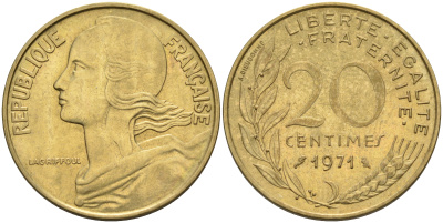 Франция 20 сантимов 1971 тип Марианна KM 930 медь алюминий никель 4116-523