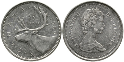 КАНАДА 25 ЦЕНТОВ 1989 ЕЛИЗАВЕТА II (1952-), ОЛЕНЬ, ВТОРОЙ ПОРТРЕТ В КОРОНЕ KM 74 никель 4543-752