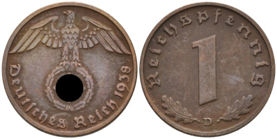 Германия 1 рейхспфенниг 1938 D KM 89, J. 361 бронза 4567-1058