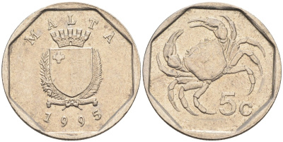 Мальта 5 центов 1993 краб KM 95 медно-никель 4588-125