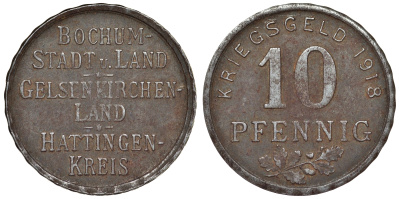 Германия, Бокум, Гельзенкирхен, Хаттинген 10 пфеннигов 1918 Северный Рейн-Вестфалия, нотгельд Funck 49.1b железо 4119-924