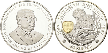 Маврикий 20 рупий 1997 50 лет (золотая) свадьба Елизаветы и Филиппа, позолота, тираж 30000 экз. серебро PROOF 04-138-15