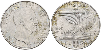 Италия 50 чентезимо 1942 R, Виктор Эммануил III (1900-1946), XX год KM 76b, VEM3. 1064 нержавеющая сталь 85-443