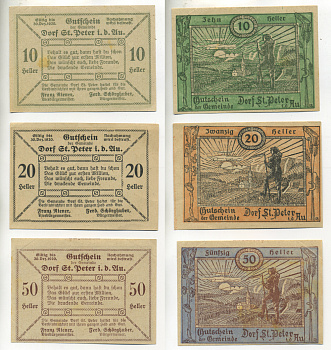 АВСТРИЯ НАБОР ИЗ 3 БАНКНОТ 1920 ДО 30 ДЕКАБРЯ 1920, НОТГЕЛЬД, 10, 20, 50 ГЕЛЛЕРОВ, DORF ST.PETER am der GLU бумага XF 7207-39-3