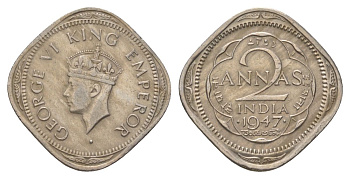 Индия 2 анны 1947 Отметка монетного двора - . (точка) - Бомбей KM 542 медно-никель 4624-1113