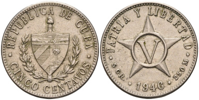 Куба 5 сентаво 1946 звезда KM 11.3 медно-никель 4591-113