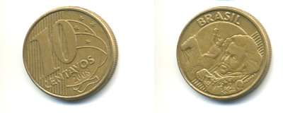 БРАЗИЛИЯ 10 СЕНТАВО 2008 KM 649.3 сталь плакированная латунью 176-728