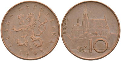 Чехия 10 крон 1993 кафедральный собор в Брно KM 4 сталь плакированная медью 186-1222