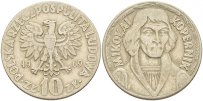 ПОЛЬША 10 ЗЛОТЫХ 1969 MW, НИКОЛАЙ КОПЕРНИК KM 51a медно-никель 4403-614