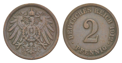Германия 2 пфеннига 1912 E, Вильгельм II (1888-1918) KM 16, J. 11, Weege 4 медь 4639-1222