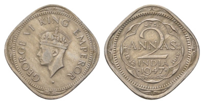 Индия 2 анны 1947 Отметка монетного двора - . (точка) - Бомбей KM 542 медно-никель 4624-1113