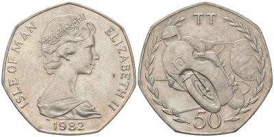 Остров Мэн 50 пенсов 1982 Мотогонки "Tourist Trophy" KM 101 медно-никель aUNC 4619-145