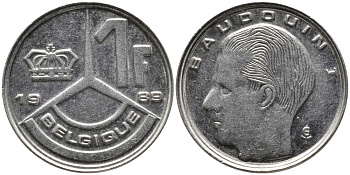 Бельгия 1 франк 1989 Belgique, Бодуэн I (1951-1993) KM 170 железо плакированное никелем 99-1218